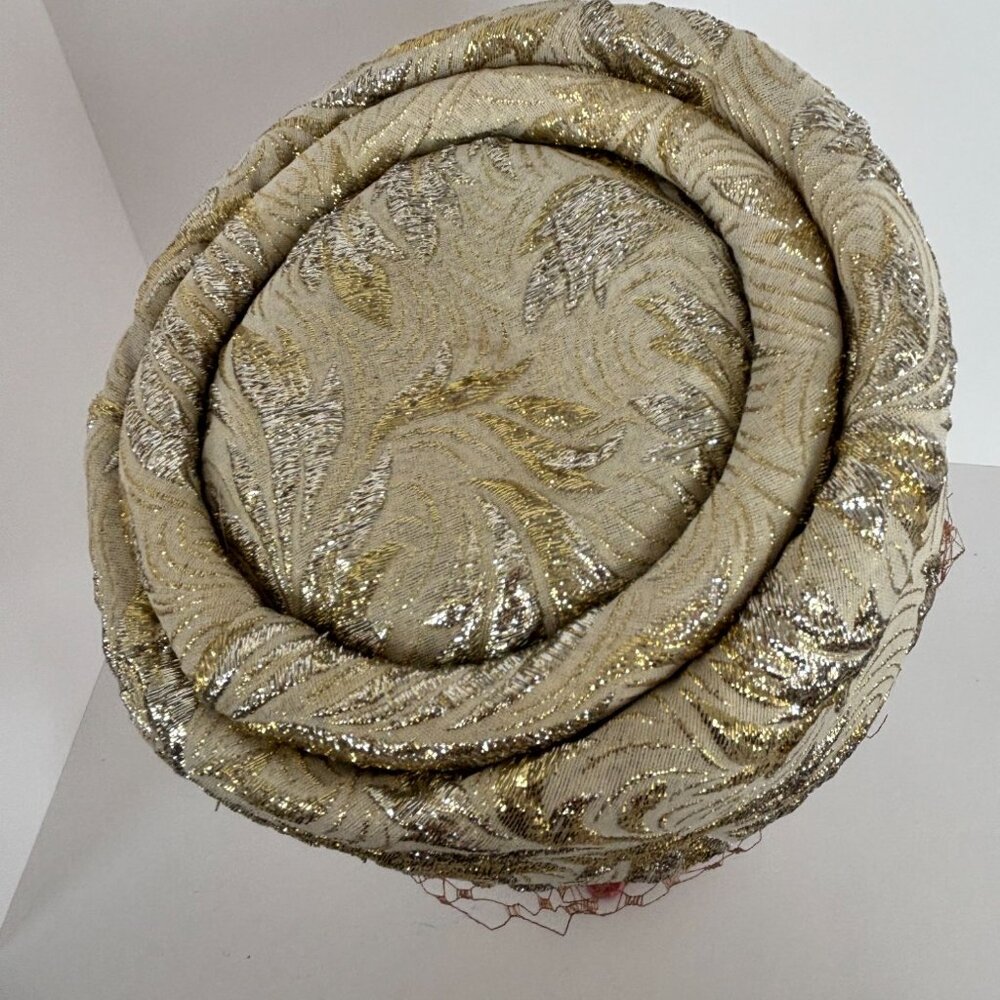 Sequin Pillbox Hat Vintage Gold Brocade Cocktail Netting Union Tag UHCMW Label - Picture 8 of 11